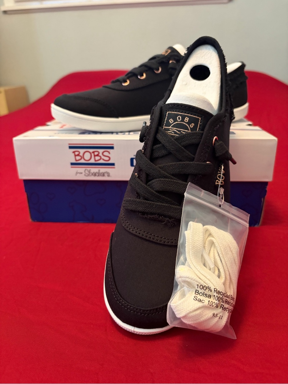 Skechers Black Canvas Lace-Up BOBS Sneakers with White Sole 9.5 Wide Fit - Picture 5 of 8